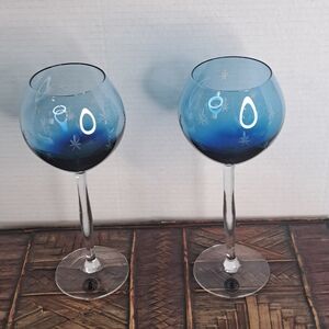 Long Stem 2 Blue Wine Glasses 9 Inches Tall,
